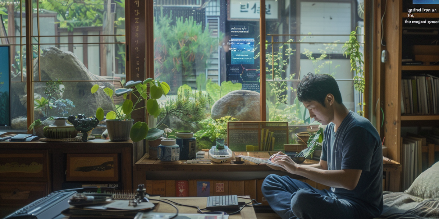 An AI-generated image of a man folding a paper plan in a relaxed lounger, around him are creative tools and screens giving status updates are visible.