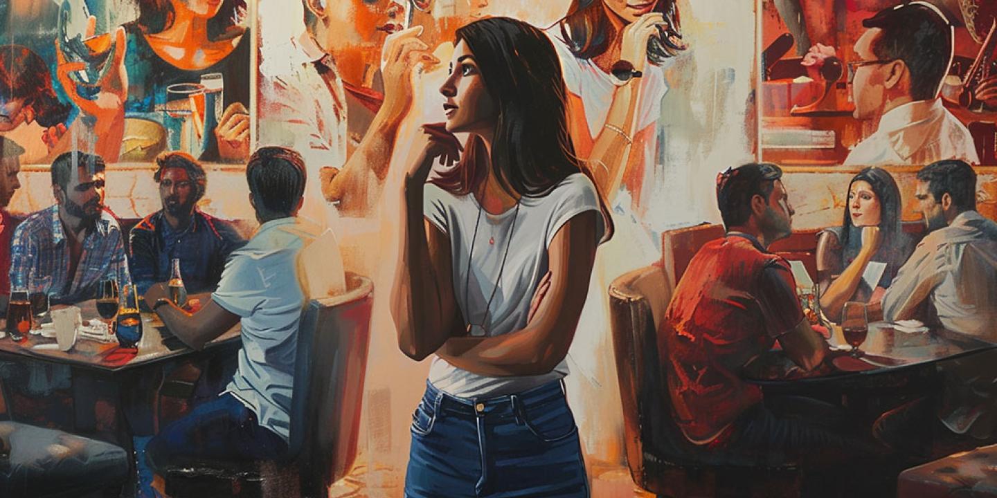 A woman stands between two table, one of friends and the other more argumentative.