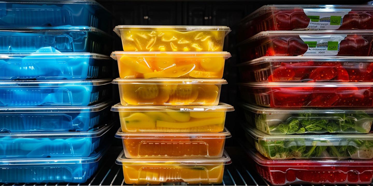 Three piles of ready-meals sit on a shelf. One stack is blue, the next yellow and the third red.