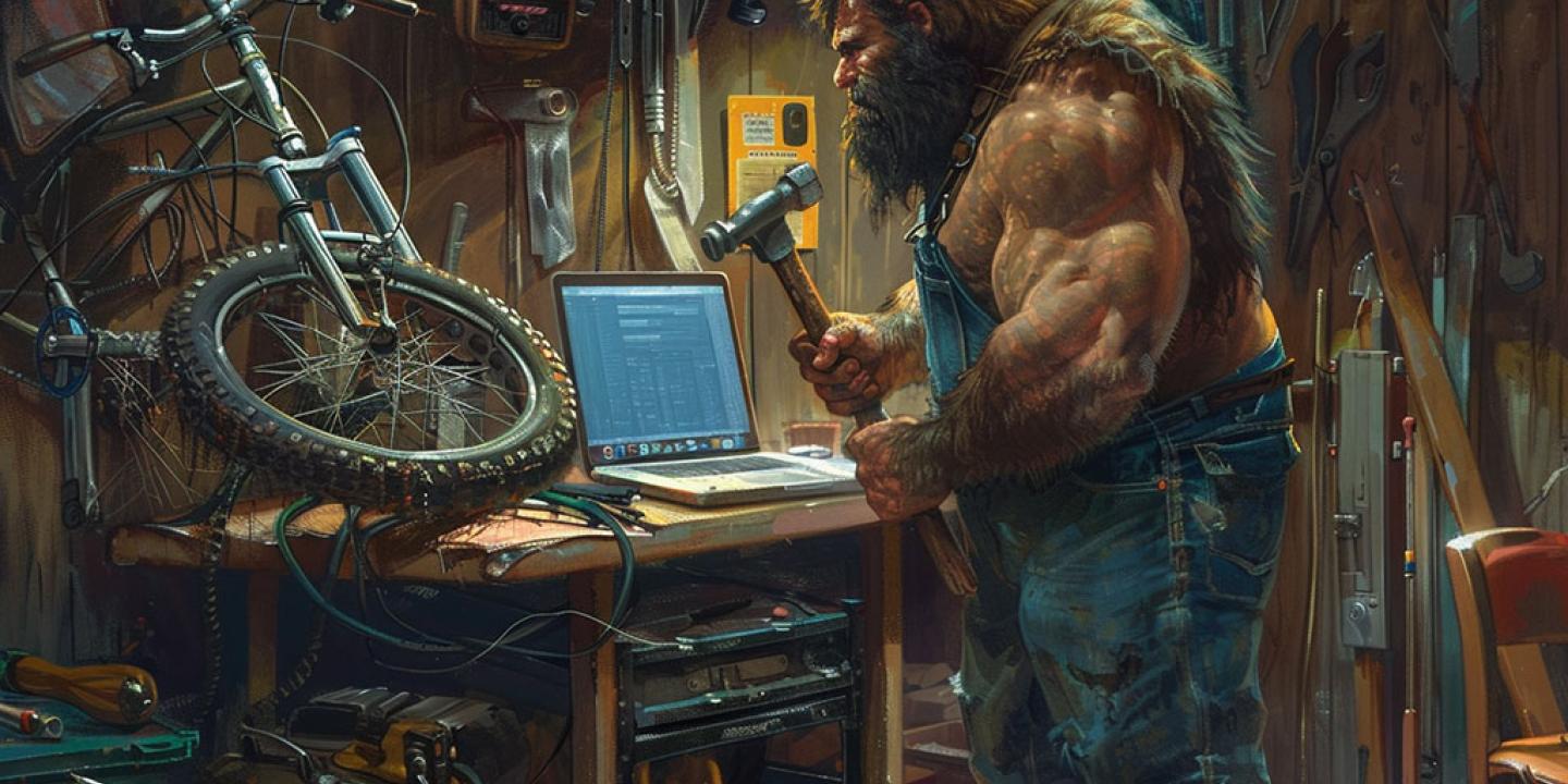 A caveman holding a hammer looks at a bench on which are a broken bicycle and a laptop.