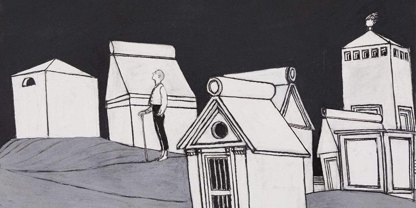 A black and white illustration shows a man holding a walk stick standing among tomb-like structures.