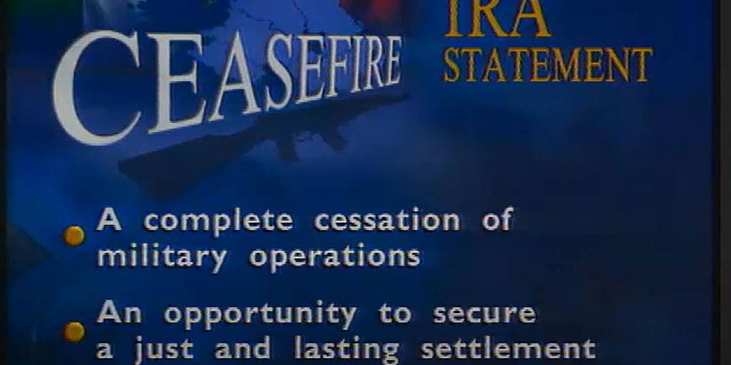 A TV graphic labelled 'ceasefire' lists bullet points
