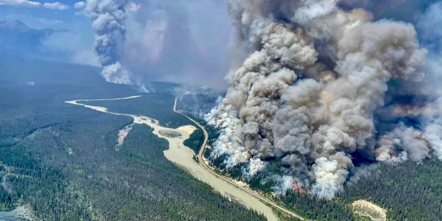 An aerial photography of a huge plume of smoke from a forest fire.