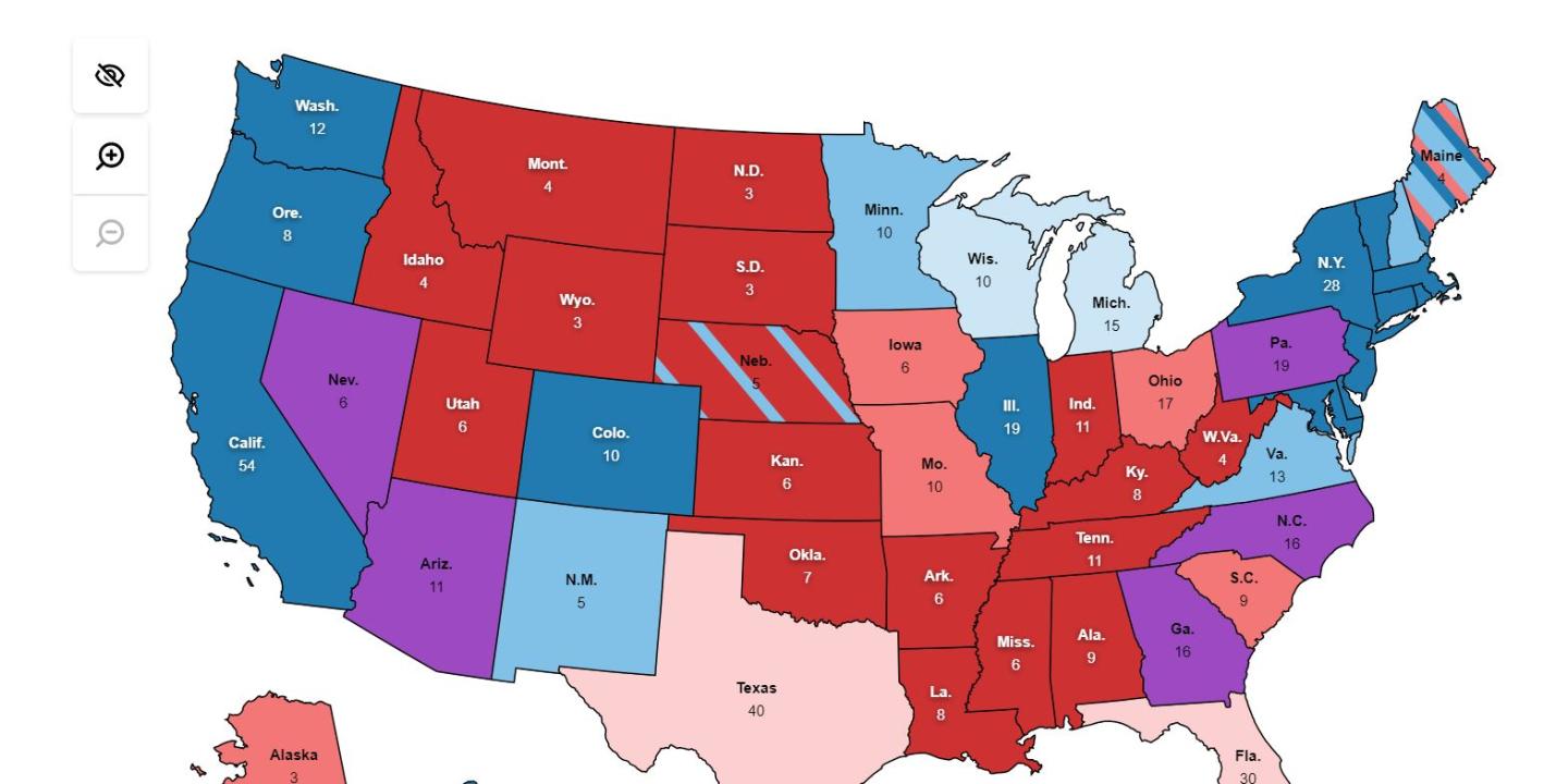 a map depicts US states coloured red and blue.