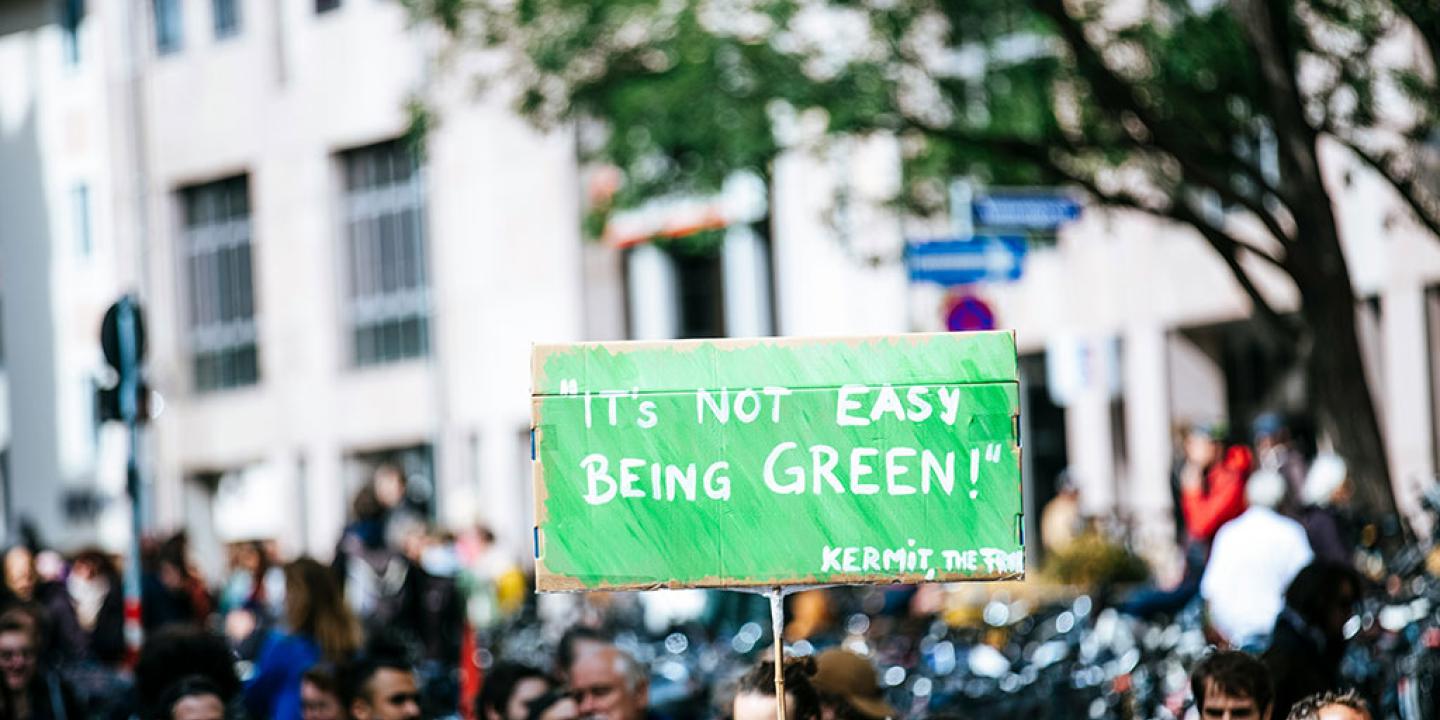 A protester holds up a green sign reading: 'It's hard to be green. Kermit'.