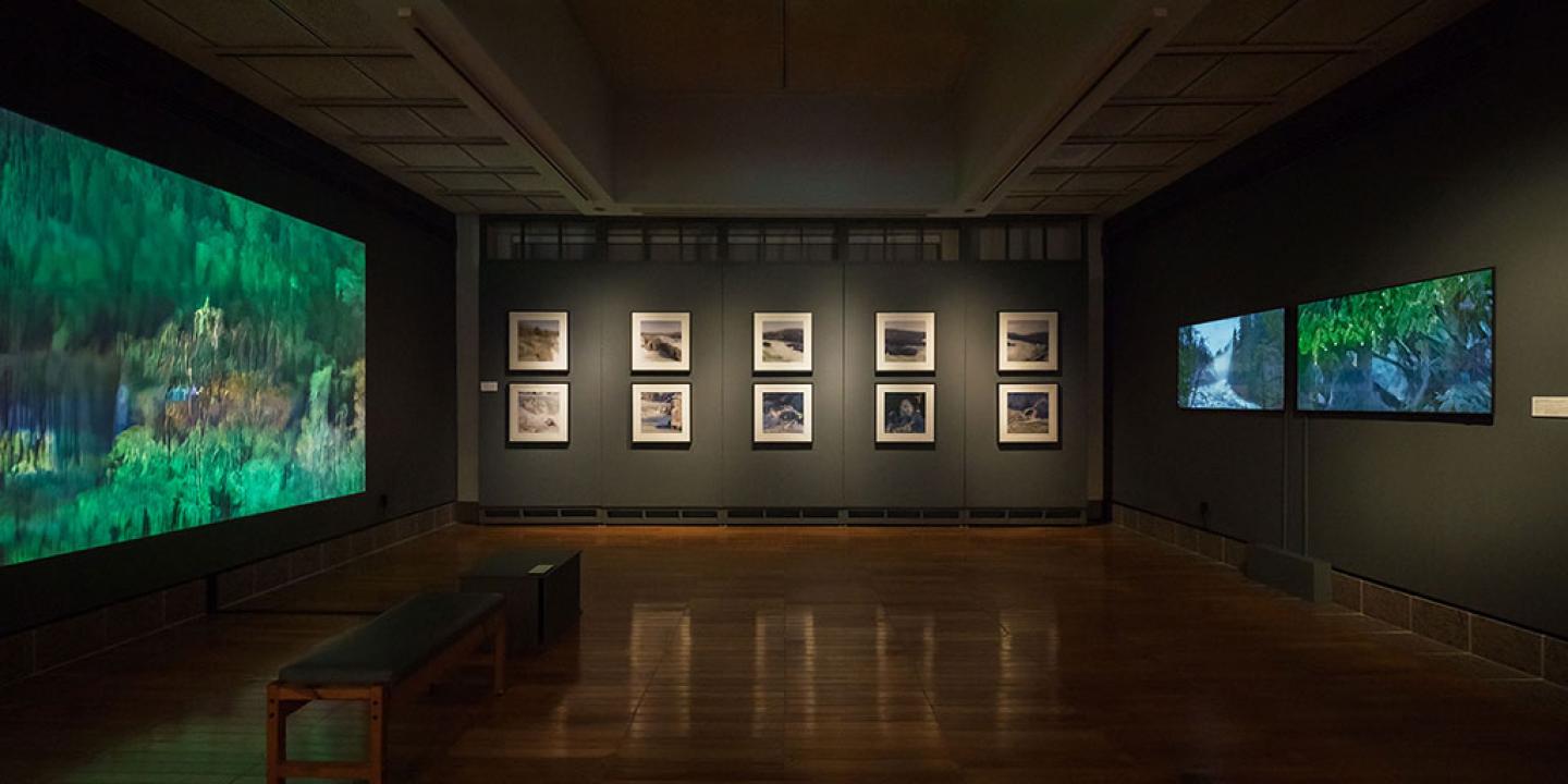 A darkened art gallery displays images and screens on three walls.