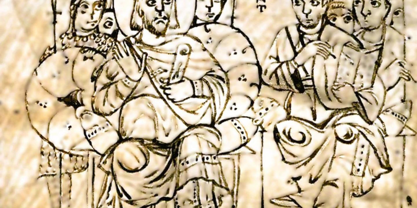 A ink drawing of Constantine the Emperor on a throne listening to people showing him books.