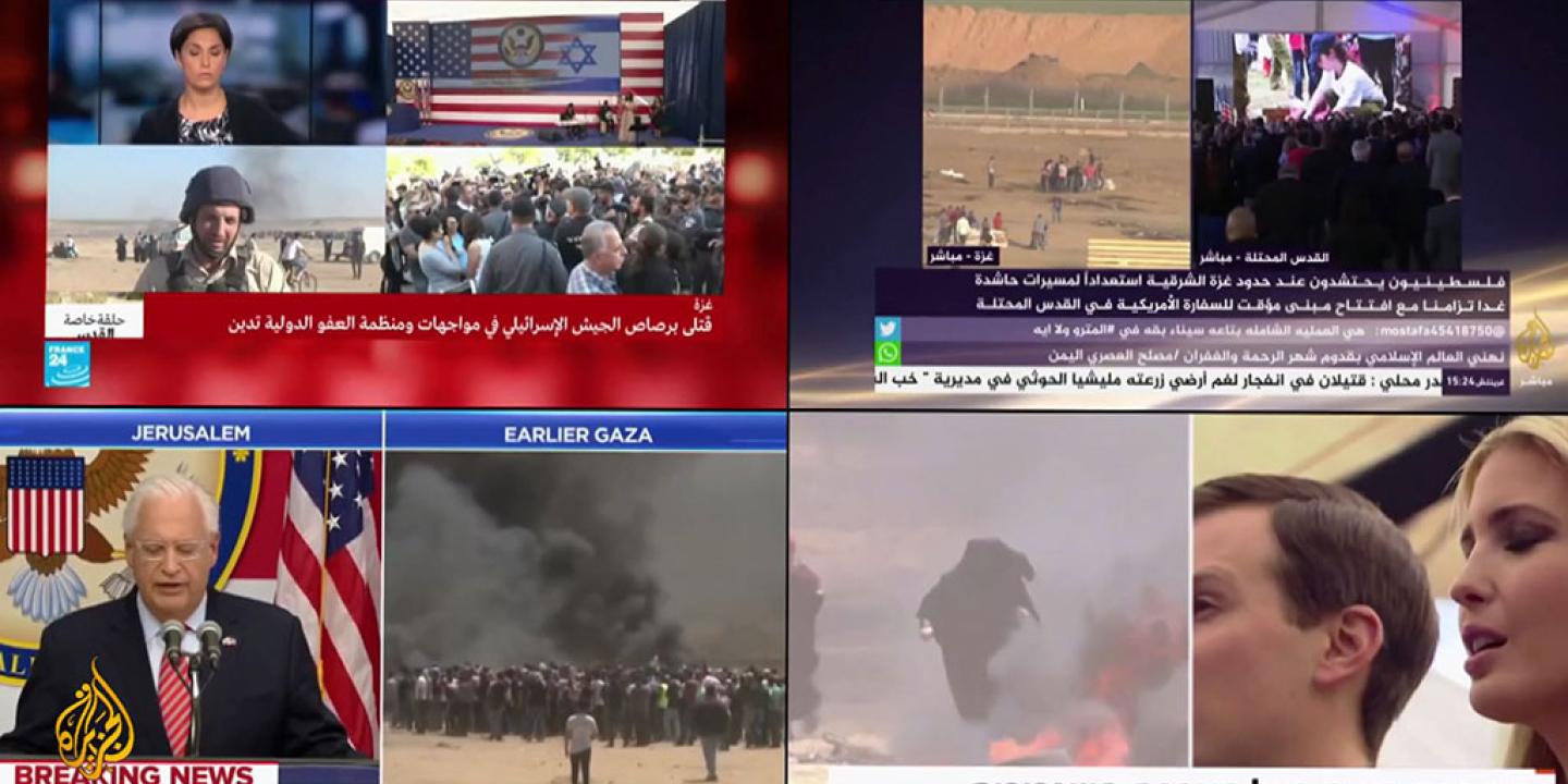 Split-screen on TC shows many different news channels in English, Arabic and Hebrew.