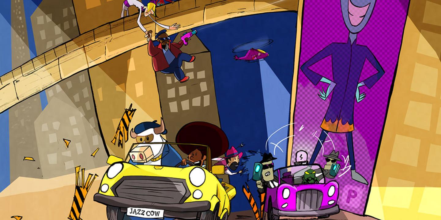 A cartoon chase sees a car driven by a cow escaping from a car of baddies under a giant poster of their villainous boss.