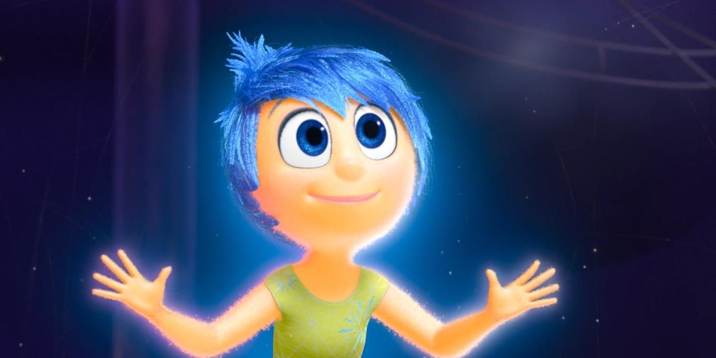 Cartoon character Joy looks up with arms held open.