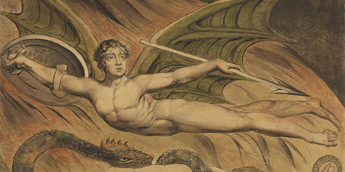 William Blake's illustration of Satan, a winged angel, flying over a prone Eve.