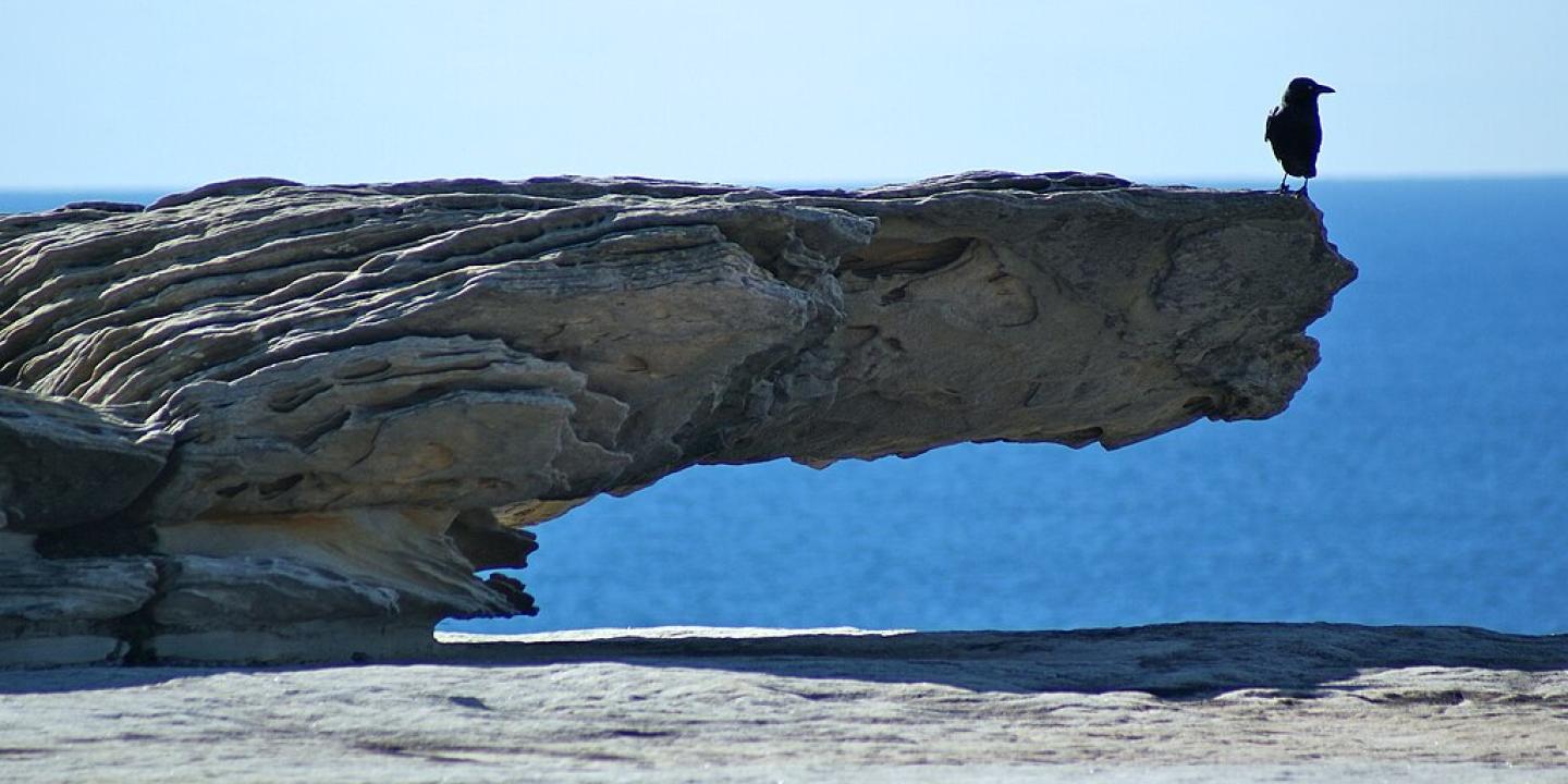A crow stands at the end of an overhanging rock.