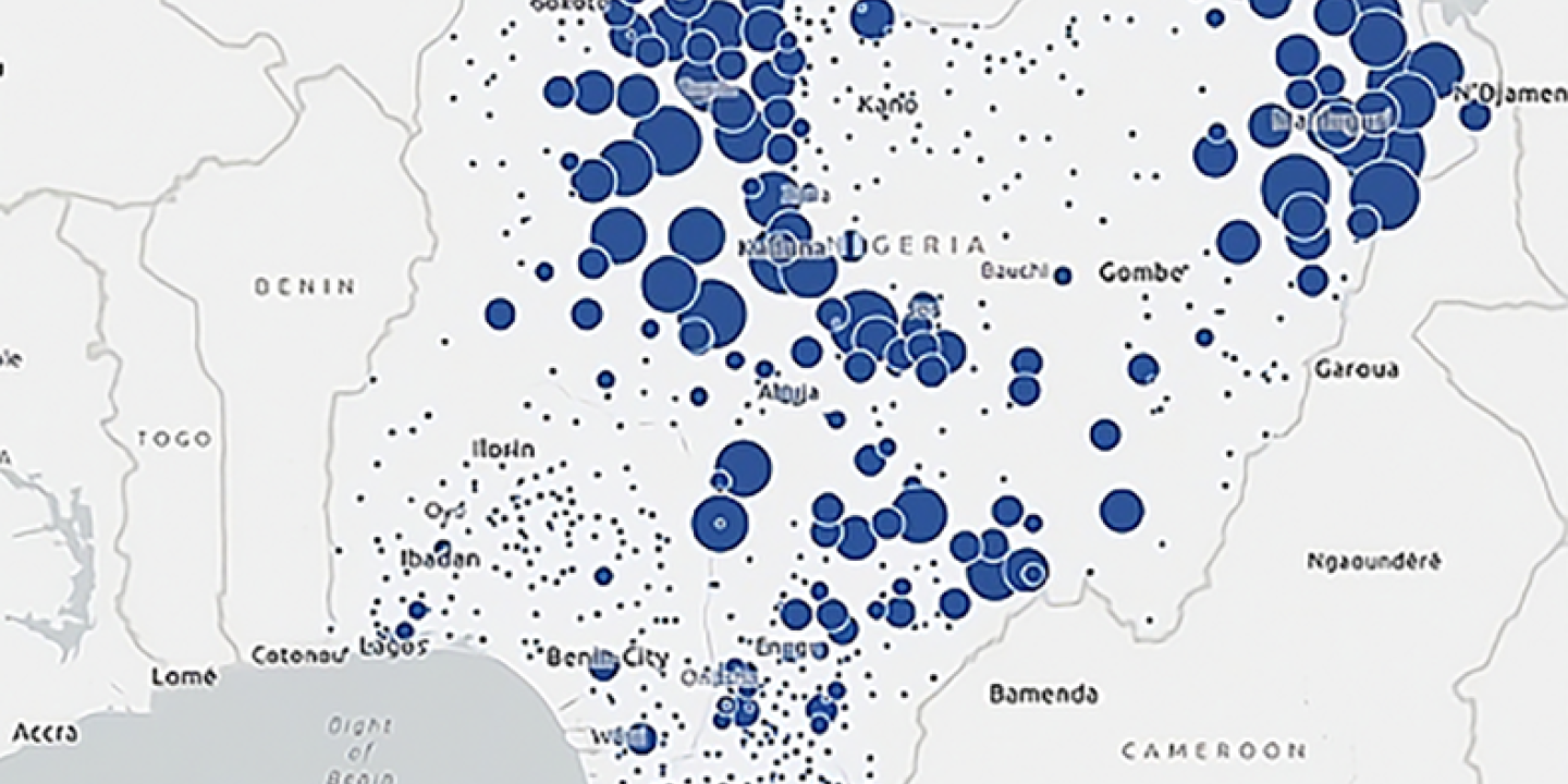A data map shows circles of varying size across a map of Nigeria