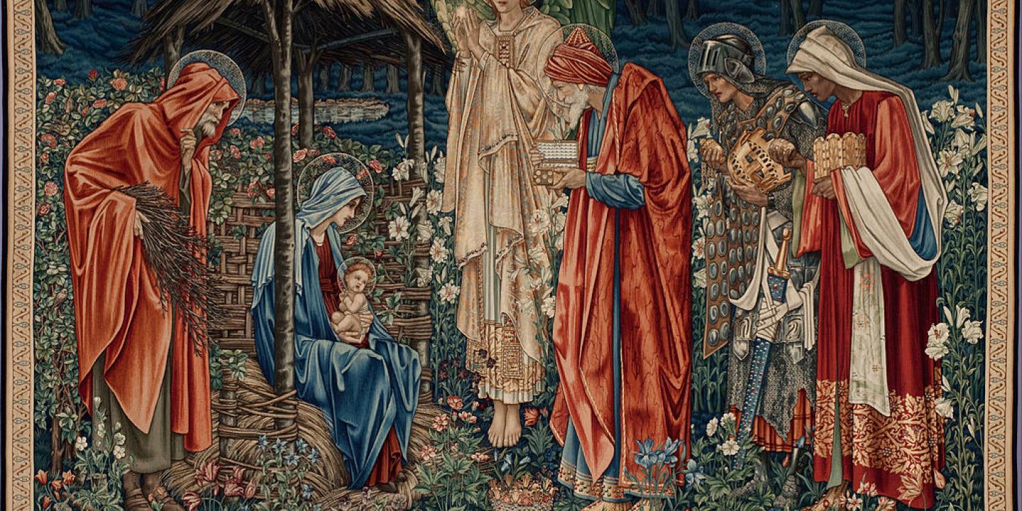 An arts and crafts image of the three kings adoring the new born Christ.