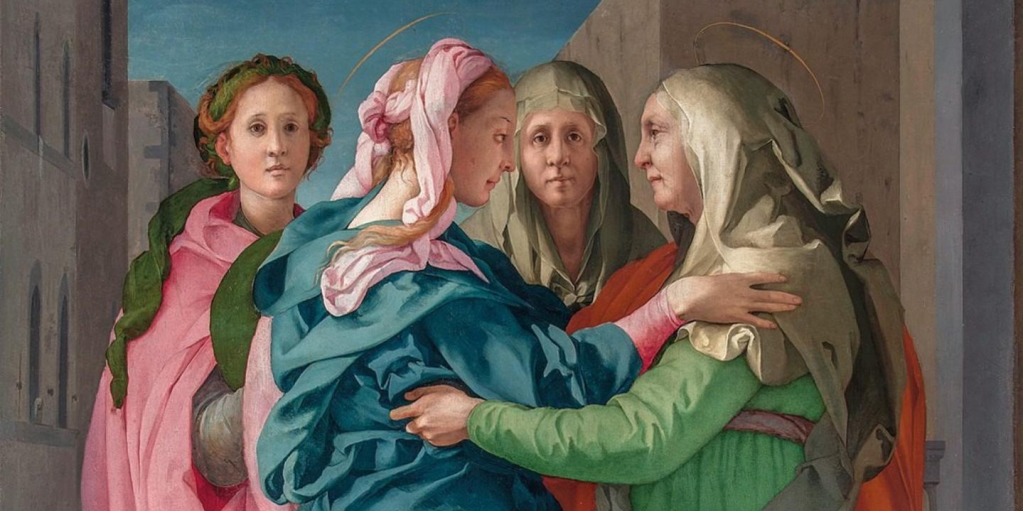 A Renaissance painting of Elizabeth greeting the Virgin birth show two woman reaching out to hug, while others look on.