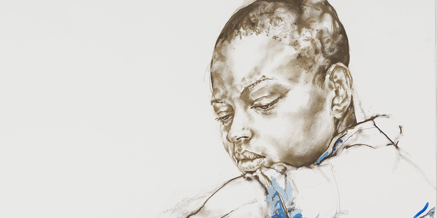 An artist's portrait show a figure turnng their head over their shoulder.