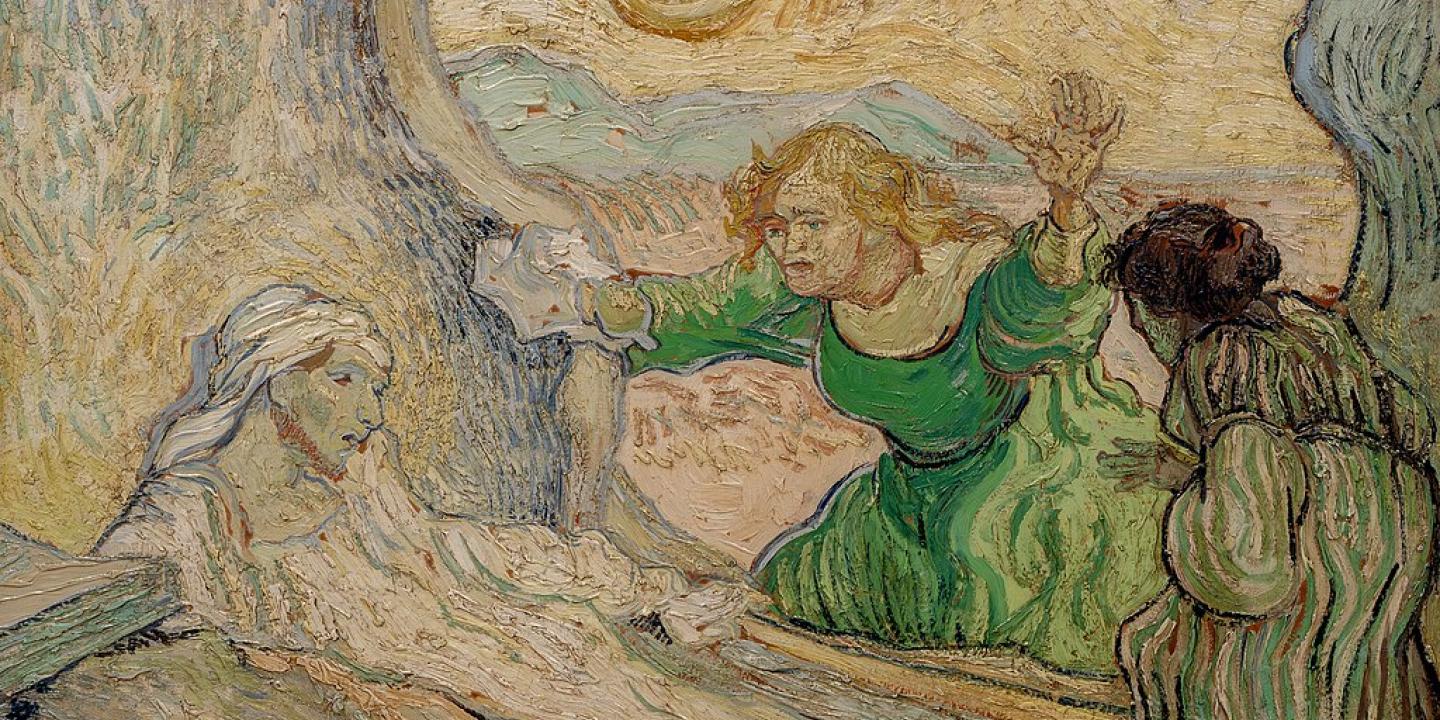 A Vincen Van Gogh painting of Lazarus rising from his bed as his astonished sisters lean toward him.