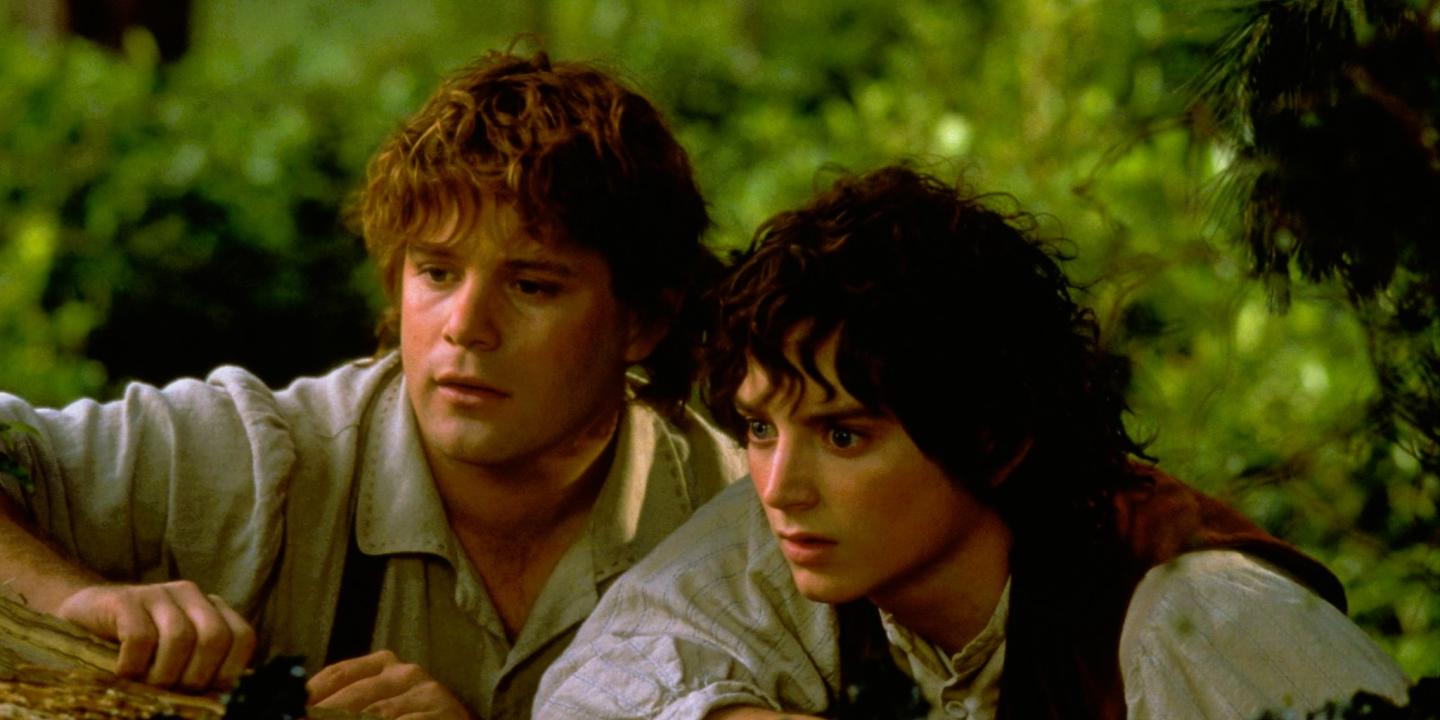 Two hobbits gaze at something.