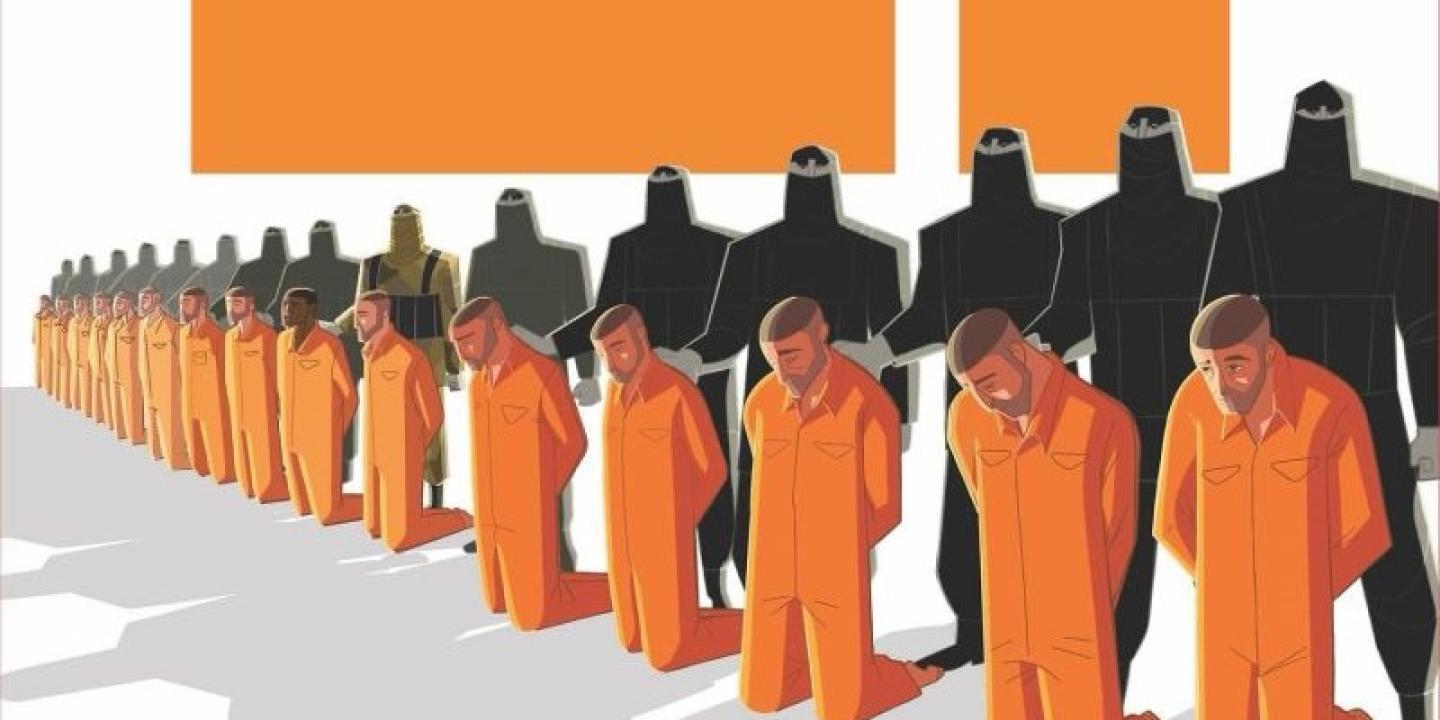 An graphic image shows 21 men in orange suits kneeling in front of executioners in black.