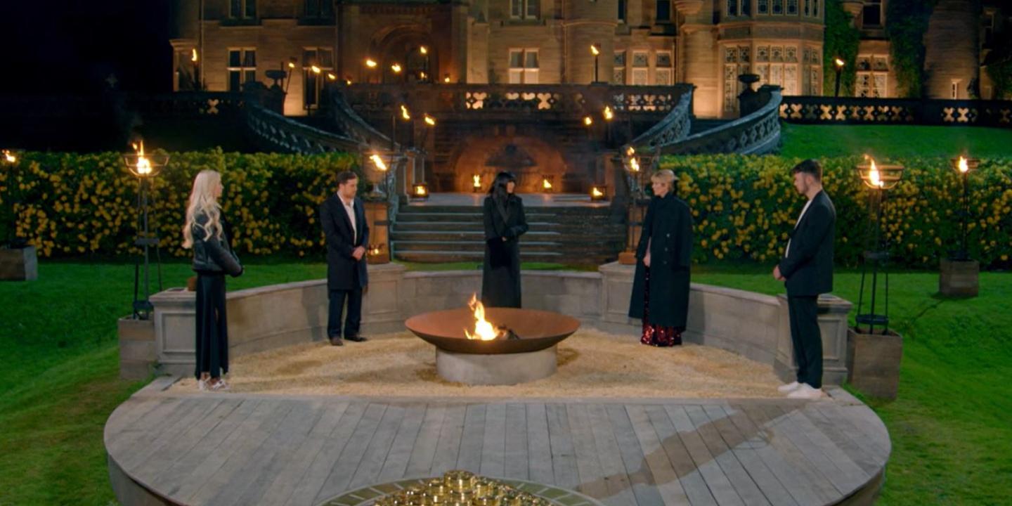 Four game show contestants and a host stand in the garden of stately home.