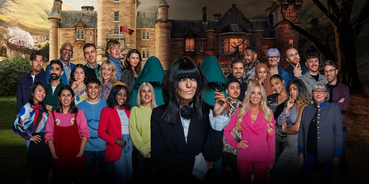 The cast and presenter of a competition TV programme assembled in a montage.