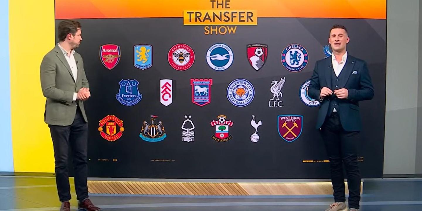 TV presenters stand eith side of a large screen showing football team badges.