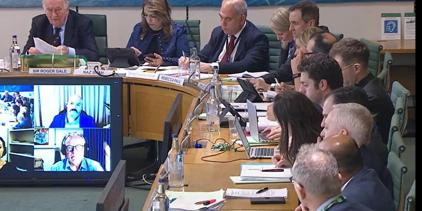 Members of a parliamentary committee sit at a curving table, in front of which a video screen shows other participants.