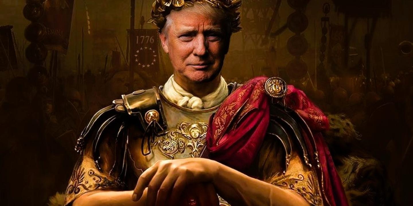 A montage shows Donald Trump as a Roman emperor leaning on a sword