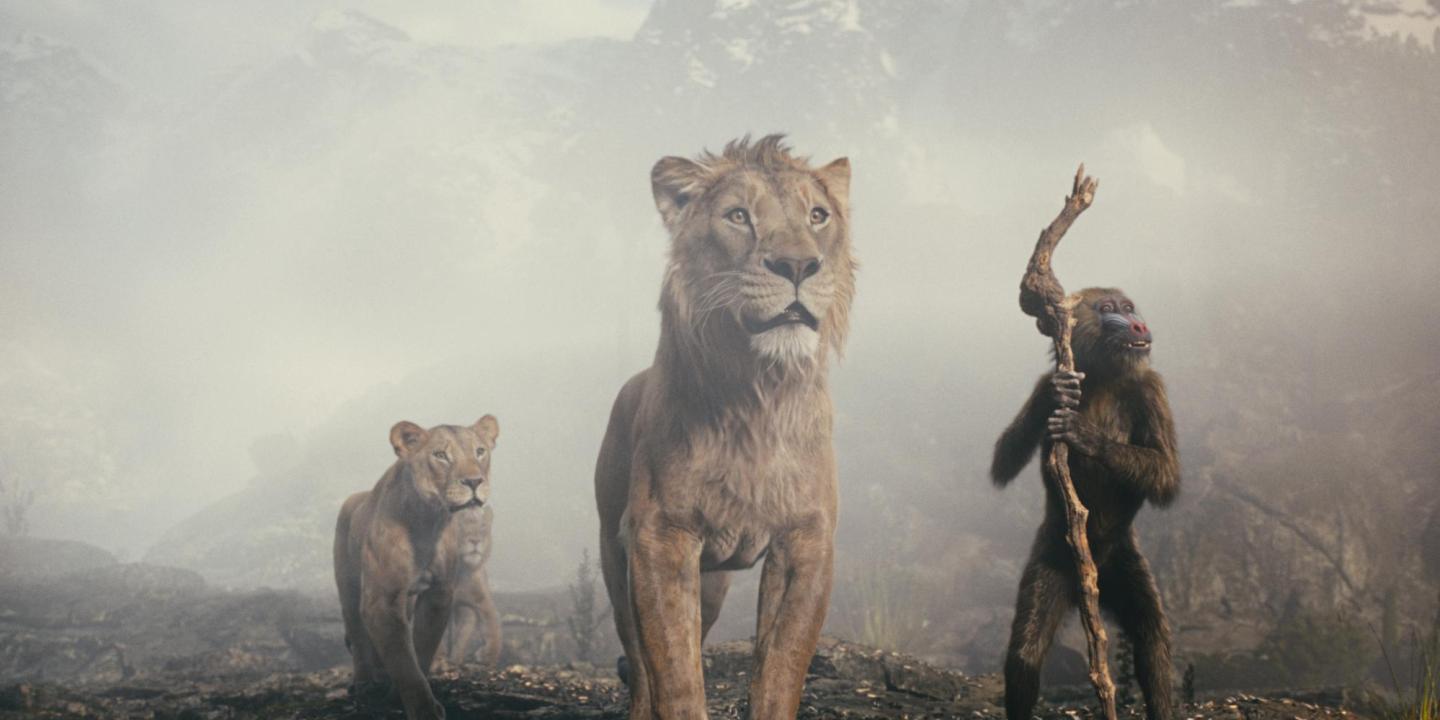 Life-like animated lions and a monkey walk towards the viewer.