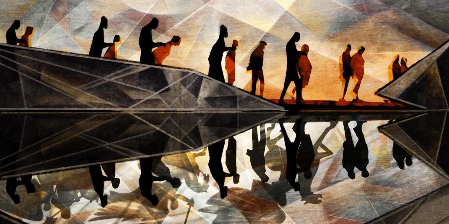 An animated scene shows a dark sky under which prisoners are marched along a river.