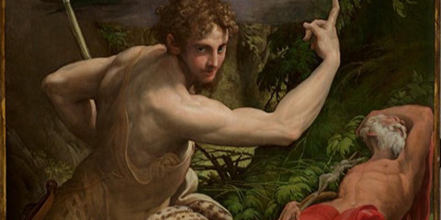A painting depicts a man a prophet pointing skywards while another person sleeps on the ground