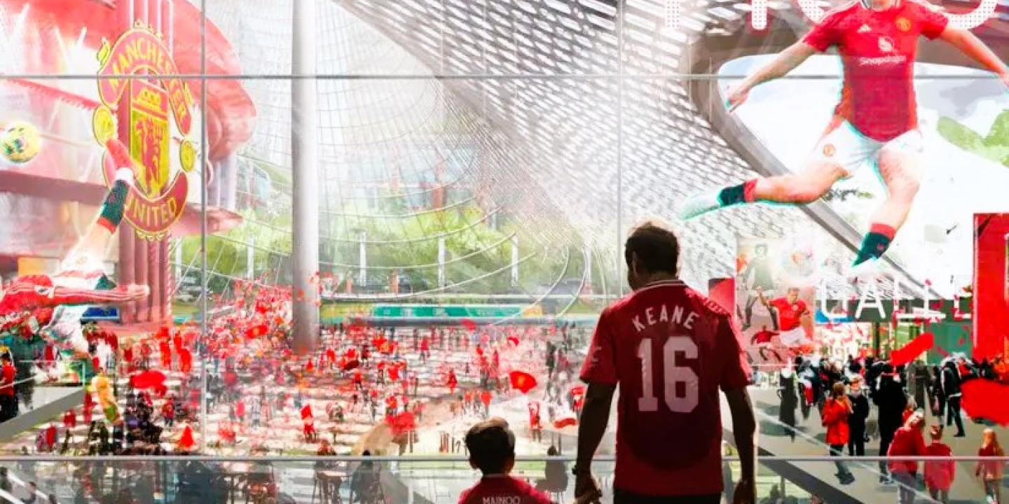 A CGI image of a son and dad holding hands on the concourse of a modern stadium.