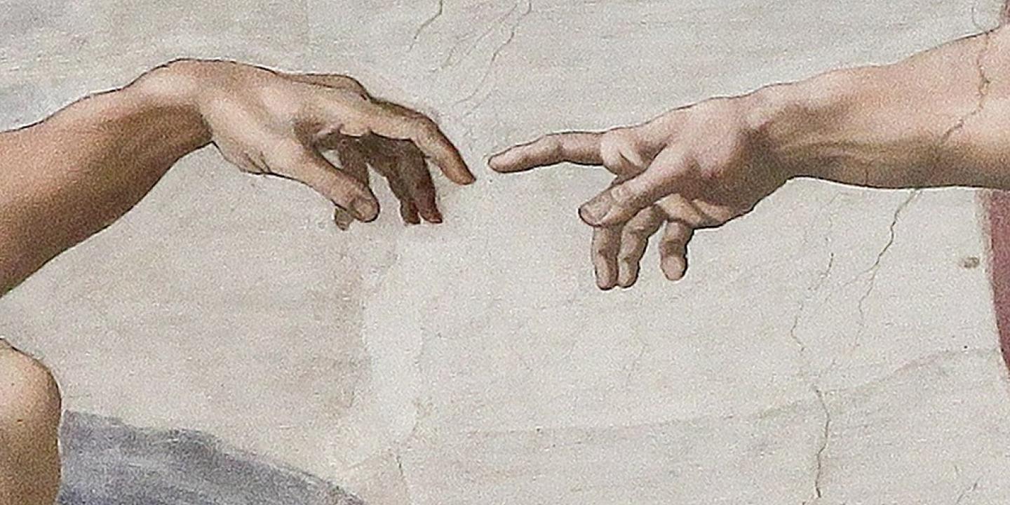 Painting of hand of God touching hand of Adam.