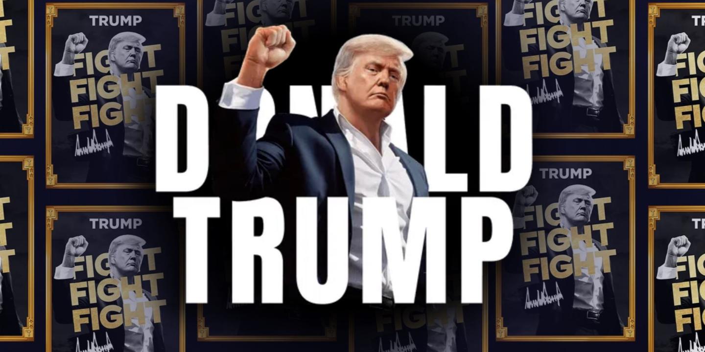 A montage shows Trump with a raised fist against other images of him and the phrase 'fight fight fight'.