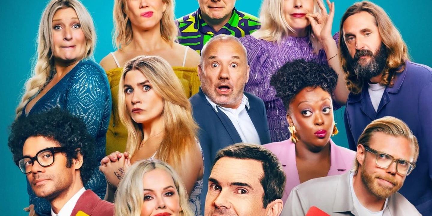 A montage shows a group of comedians trying not to laugh.