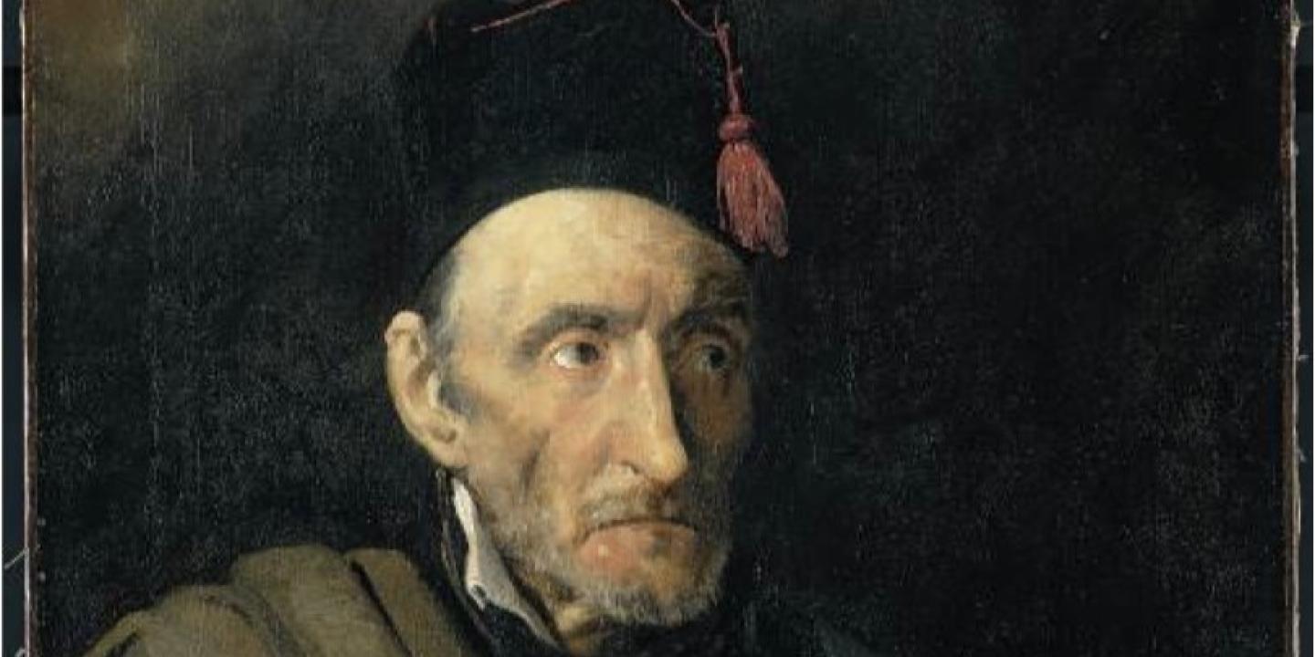 A painting of a haunted looking old man dressed in an imagined military uniform.