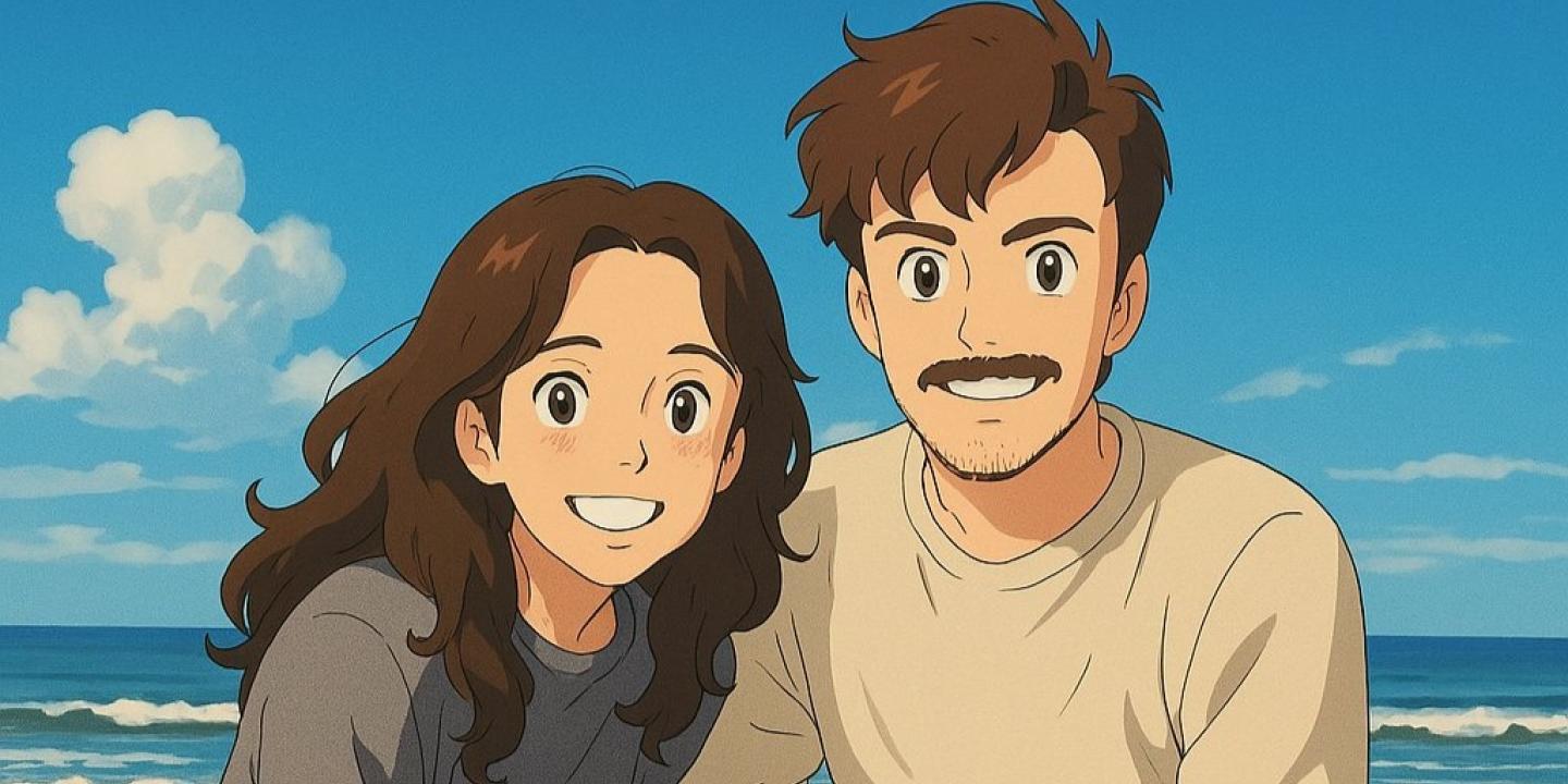A couple crouch together on a beach in a Studio Ghibli style image.