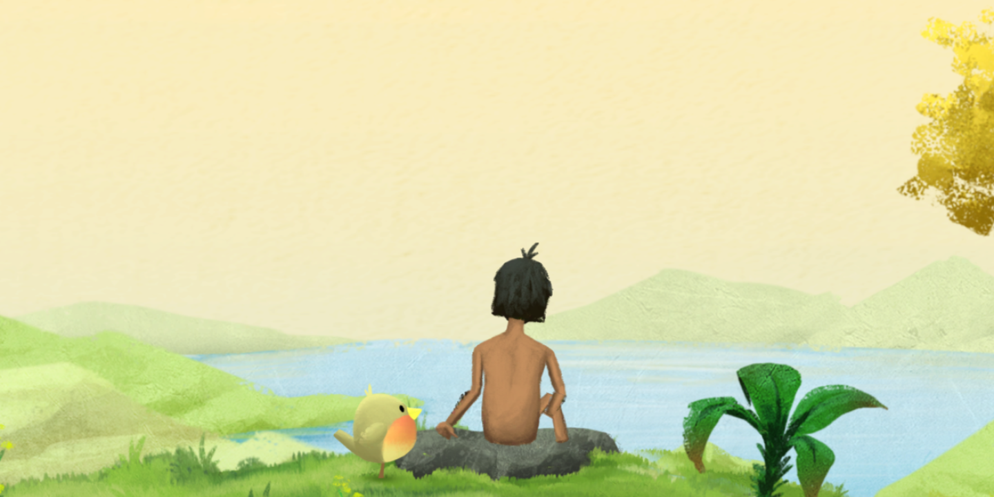 A mobile game still shows a robin standing close to a seated man.