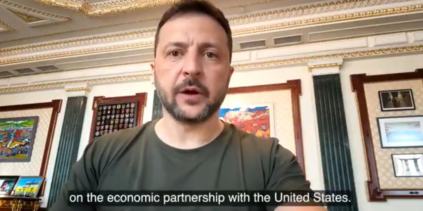 President Zelensky speaks and a caption reads ' on the economic partnership with the United States.