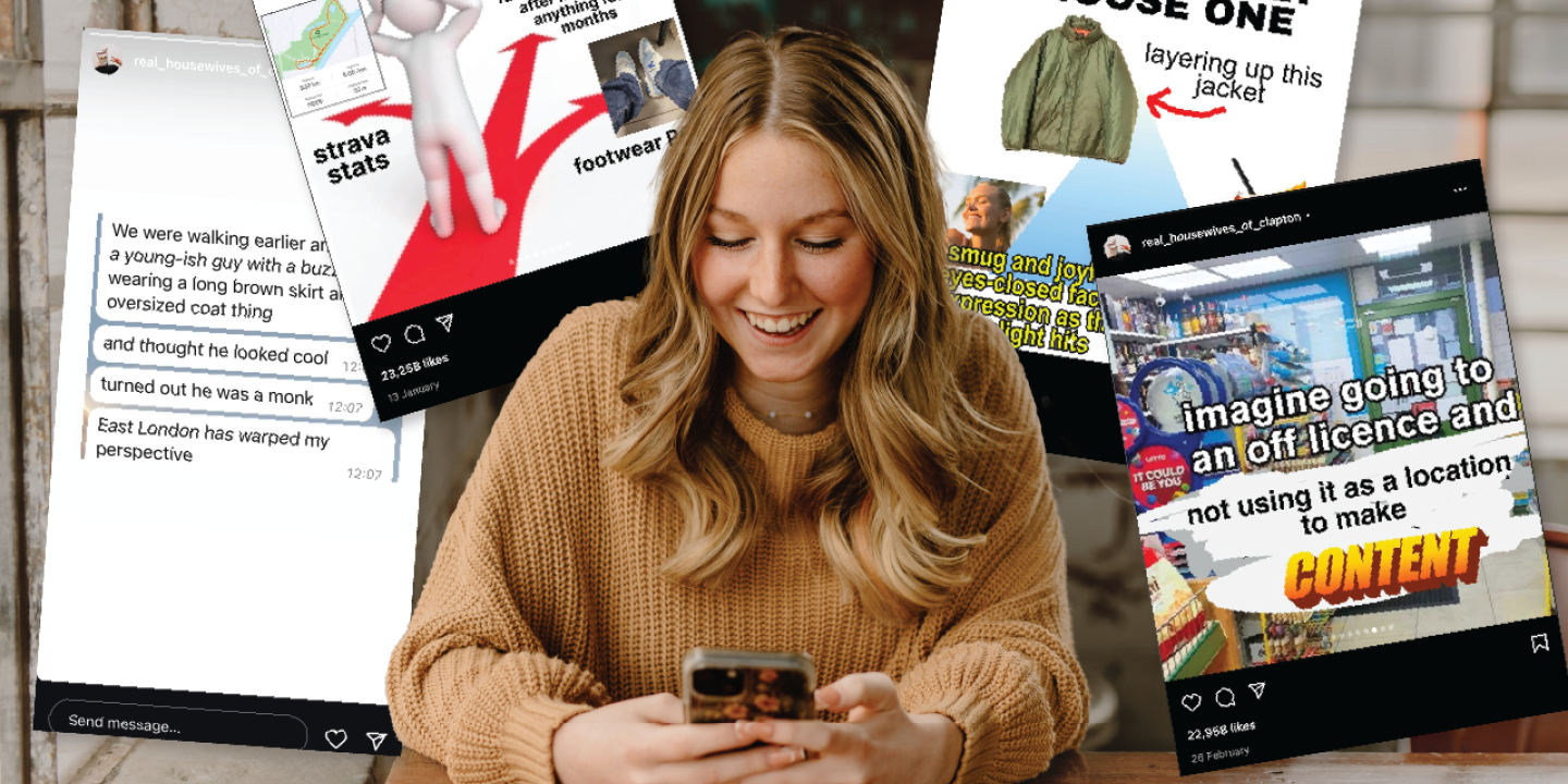 A woman looks at her phone, behind her is a montage of memes