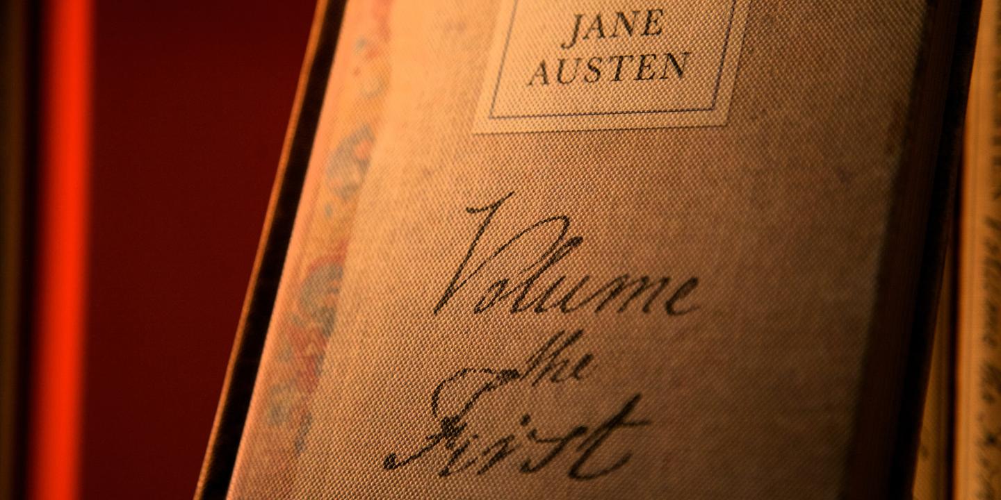 A book cover with a handwritten title that reads: Jane Austen volume the first
