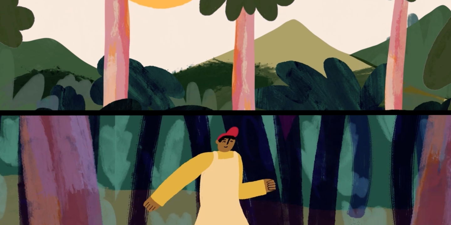 An animated man runs through a jungle.