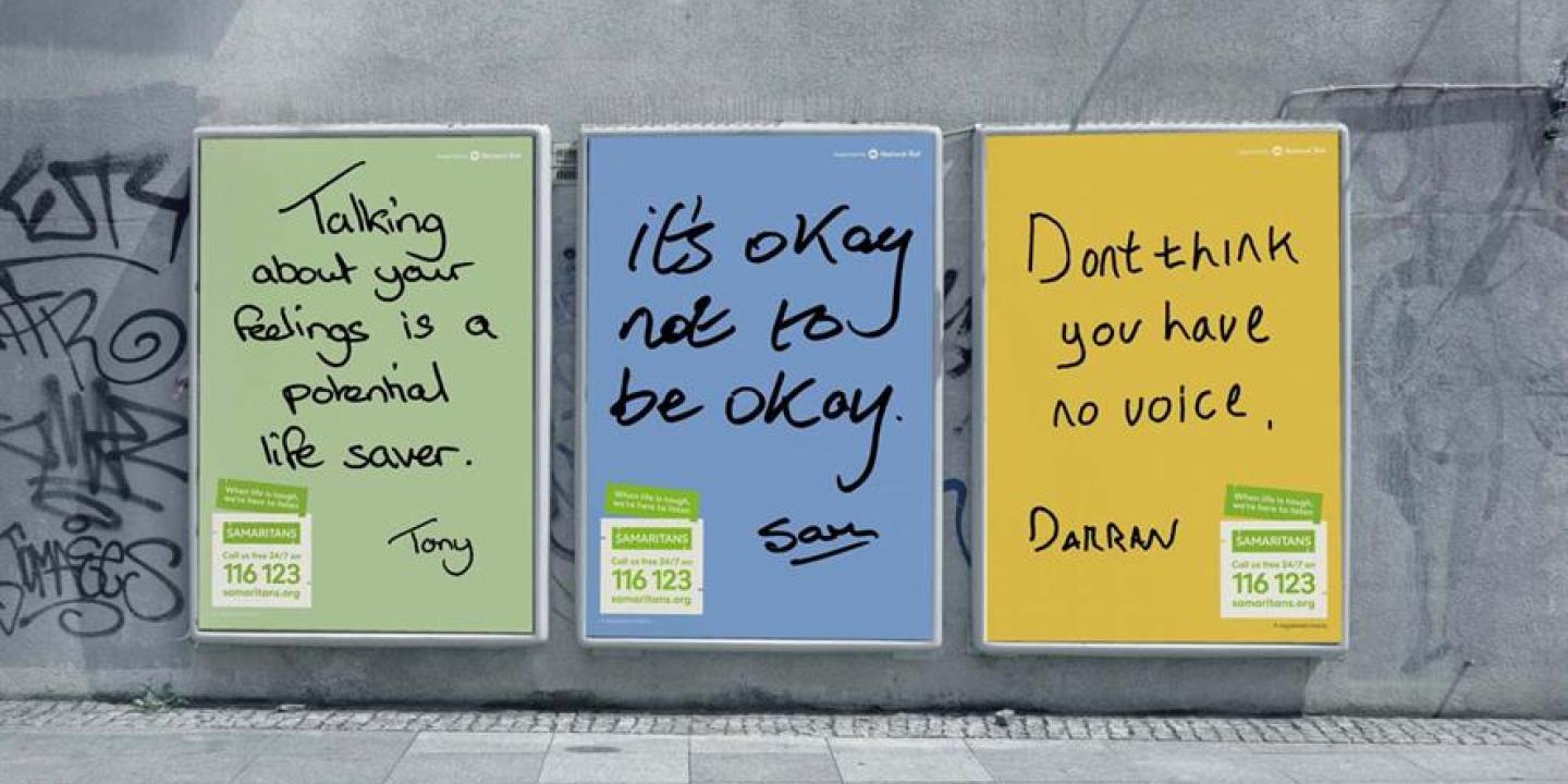 Three posters with suicide prevention messages.