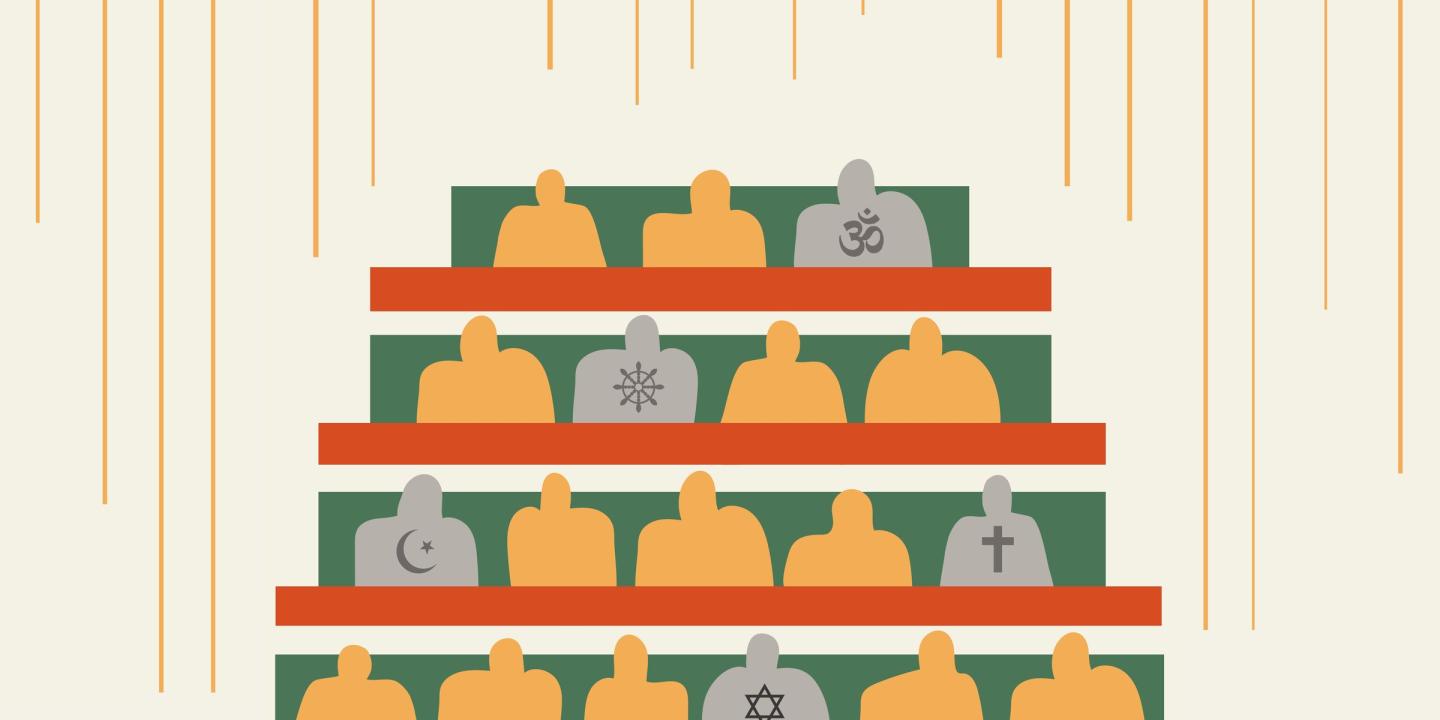 A graphic shows a gallery of people with religious symbols on their clothing.