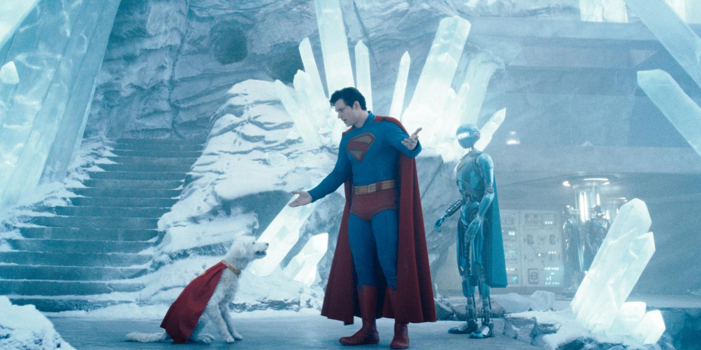 Superman talks to his dog amid the ice.