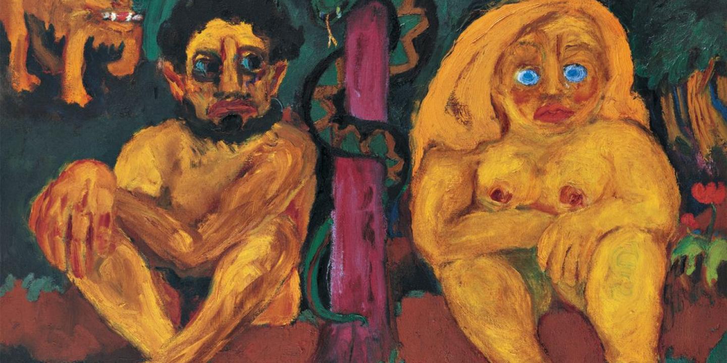 A painting show Adam and Eve wide-eyed after the fall.