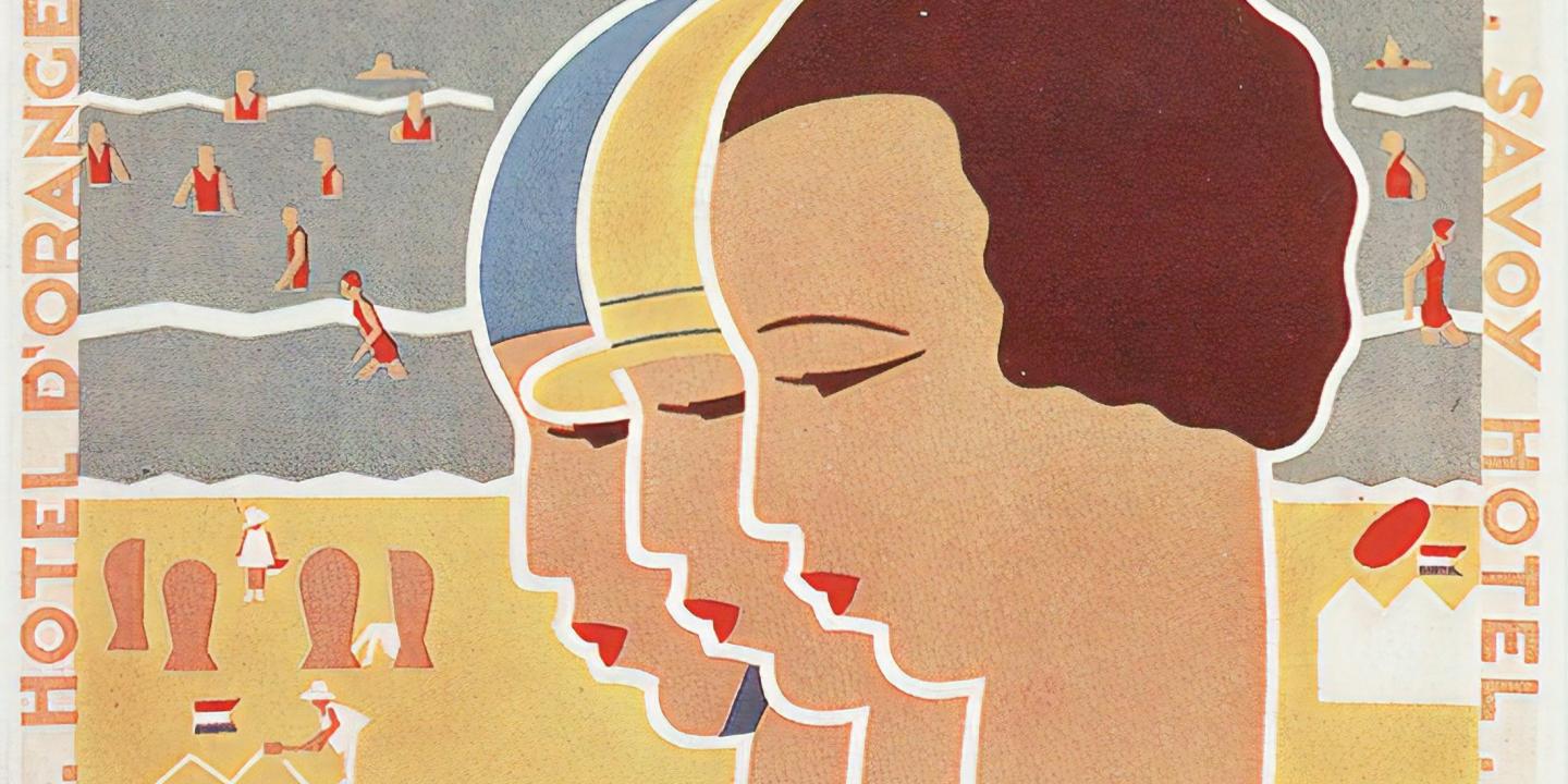 An art deco poster shows the heads of three woman against a beach background.