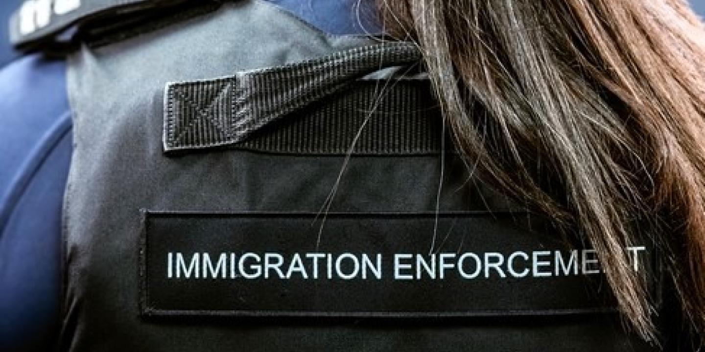 A Border Force officer wears body armour with Immigration Enforcement written on the back