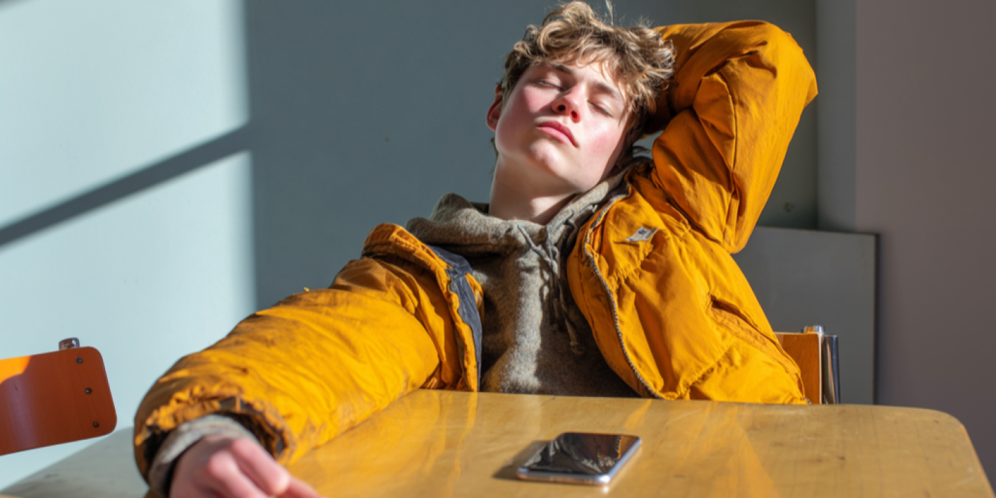 A seated teenager stretches back bored, a phone is on the table in front of them