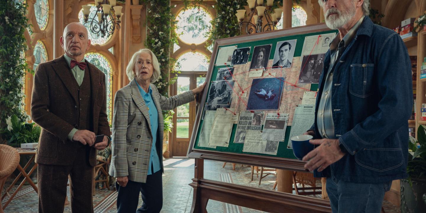 Elderly amateur sleuth stand by their pinboard.